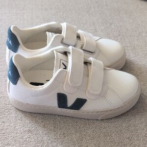 Veja Kids White Velcro Sneakers with Dark Blue Logo